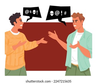 Leute streiten, zwei Männer beleidigen. Verbale Aggression, emotionale Charaktere sind in Konflikt und schreien. Vektorhandgezeichnete Illustration.