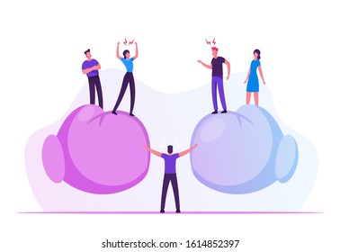 People Arguing and Yelling to Each Other Standing on Huge Boxing Gloves with Mediator Person in Center Trying to Stop Aggressive Verbal Fight, Conflict Confrontation. Cartoon Flat Vector Illustration