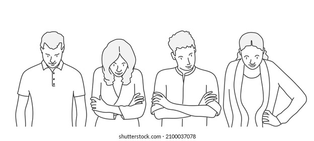 People with arm crossed looking down. Hand drawn vector illustration. Black and white.
