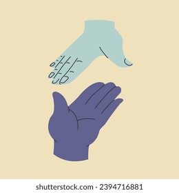 People arms reaching each other, isolated hands of personages giving or taking gesture. Greeting or interacting characters, palm of man or woman. Openness and communication. Vector in flat style