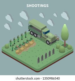 People in army isometric background with troop of soldiers arrived on military truck for target shooting training vector illustration