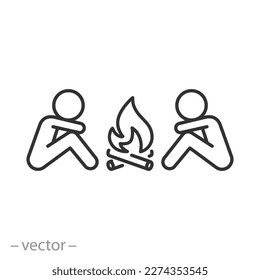 people around the bonfire icon, friends on camp fire, friendly atmosphere, holidays camping, thin line symbol on white background - editable stroke vector illustration eps10