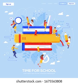 People around book flyer, web banner, ui header, enter site. Invitation concept background. Character layout illustration modern slider page