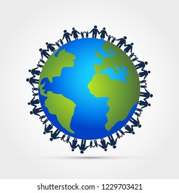 People around earth holding hands vector illustration