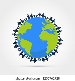 People around earth holding hands vector illustration