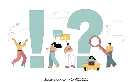 Gente alrededor de la exclamación y los signos de interrogación. Buscar respuestas a preguntas. Solución al problema. Ilustración del vector sobre fondo blanco