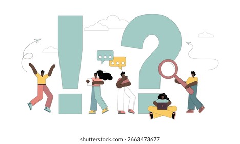 People around exclamation and question marks.