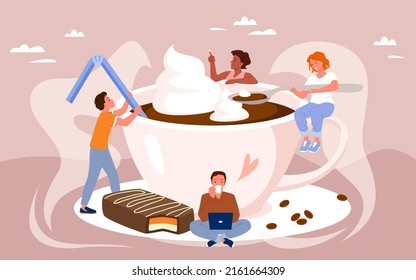 People around to giant cup of coffee. Leisure friends time with hot drink, coffee break together with sweets, serving cappuccino, morning caffeine beverage vector illustration
