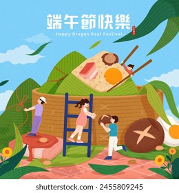 Personas alrededor de vapor gigante con zongzi al aire libre. Texto: Festival de barcos de dragón feliz. 5 de mayo