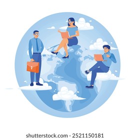 People are around the globe with computers. Work from anywhere in the world. Remote Work Online concept. Flat vector illustration.