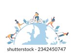 People around the globe. Healthy lifestyle concept. Men and women are resting: ride a bike, skating, run. Flat style. Vector illustration