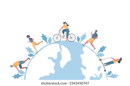 People around the globe. Healthy lifestyle concept. Men and women are resting: ride a bike, skating, run. Flat style. Vector illustration