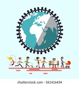 People Around Globe. Retro Flat Design Vector Illustration.