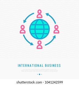 People around globe thin line icon. Modern vector illustration of partnership, multicultural communication, international business.