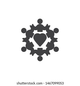 People around heart vector icon. filled flat sign for mobile concept and web design. Heart and people hold hands glyph icon. Charity symbol, logo illustration. Vector graphics