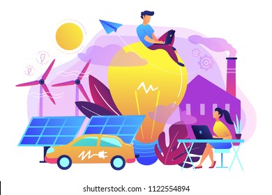 People around huge lamp analyzing power data. Renewable energy, power saving, smart grid energy, system modelling, IoT and smart city concept, violet palette. Vector illustration on white background. People around huge lamp analyzing power data. Renewable energy, power saving, smart grid energy, system modelling, IoT and smart city concept, violet palette. Vector illustration on white background.