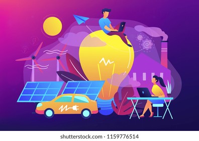 People around huge lamp analyzing power data. Renewable energy, power saving, smart grid energy, system modelling, IoT and smart city concept. Vector illustration on ultraviolet background.