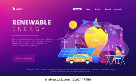 People Around Huge Lamp Analyzing Power Data. Renewable Energy Landing Page. Power Saving, Smart Grid Energy, System Modelling, IoT And Smart City. Vector Illustration On Ultraviolet Background.