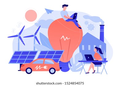 People around huge lamp analyzing power data. Renewable energy, power saving, smart grid energy, system modelling, IoT and smart city concept, violet palette. Vector illustration on white background.