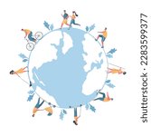 People around the map of world. Healthy lifestyle concept. Men and women are resting: ride a bike, rollerblading, scooter, walk with baby stroller, walk a dog. Flat style. Vector illustration