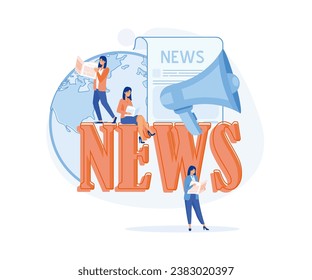 People around news sign sitting and reading newspapers. Mass media, breaking news, latest news. Global news concept. flat vector modern illustration