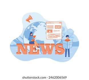 People around news sign sitting and reading newspapers. Mass media, breaking news. flat vector modern illustration 