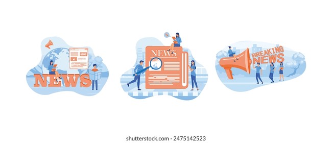 People around news sign sitting and reading newspapers. Tiny people read breaking news on newspaper. Breaking news signis heard from a large megaphone. Set flat vector modern illustration