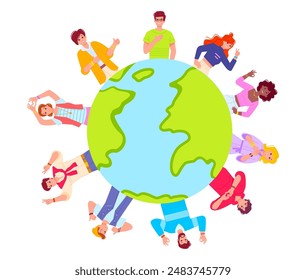 Personas alrededor del planeta. Ciudadanos de Europa multiculturales de la mano del mundo globo protección juntos, cuidado de la ecología global sostenible eco concepto Ilustración vectorial