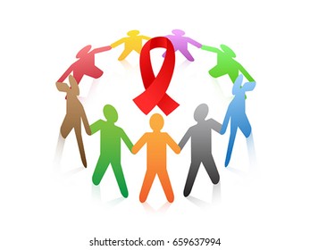 people around the red ribbon AIDS symbol