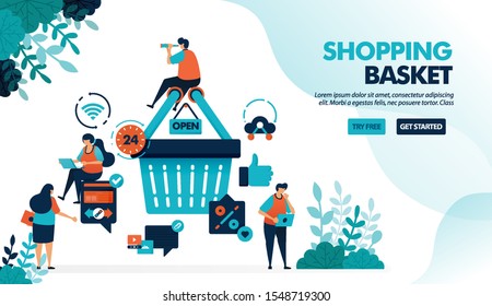 People are around shopping basket to get promos and discounts. User satisfaction level with thumb and love. Flat vector illustration for landing page, web, website, banner, mobile apps, flyer, poster