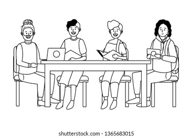 people around a table black and white