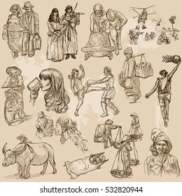 PEOPLE around the World in different life situations, snapshots. An hand drawn vector illustrations - collection. Set of freehand sketches. Line art, hand drawing pack.