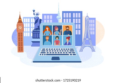 People from around the world are hosting webinars and meetings online. People stay, work and study at home, be in touch with the whole world concept vector  illustration
