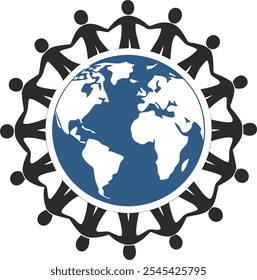 People Around the World Icon - Group Standing Around Planet Earth Isolated on White Background