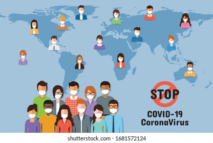 People around the world wearing face masks standing fighting for Coronavirus, Covid-19 pandemic on world map. Coronavirus disease awareness.