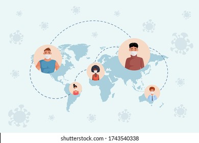 People around the world wearing face masks to protect pandemic of Coronavirus Covid-19 vector flat cartoon illustration. Virus spread over the world. Stay home, social networking during quarantine.