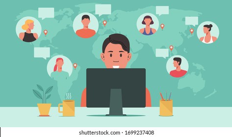 people from around the world working together online on computer, teleconference, video conference remote working, work from home and  flat vector illustration