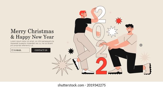 People arrange 2022 puzzle. Characters connect new year numbers together. Successful collaboration, teamwork 	
coworking and business partnership concept. Christmas or new year company greeting banner