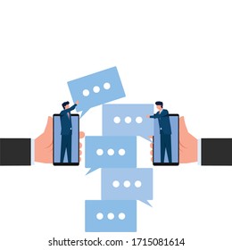 People arrange chat icon from phone metaphor of build good communication. Business flat vector concept illustration for Wallpaper, Banner, Background, Infographic, Book, And Web Landing Page.