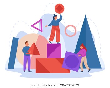 People arranging abstract geometric shapes flat vector illustration. Young team of women and man holding circle, square, triangle. Concept of organization, management and arrangement