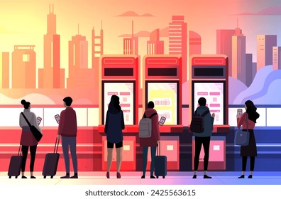 People in arrival waiting room self check in at automatic machine or buying tickets in interactive terminal modern airport interior