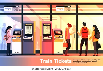 People in arrival waiting room self check in at automatic machine or buying tickets in interactive terminal modern airport interior horizontal