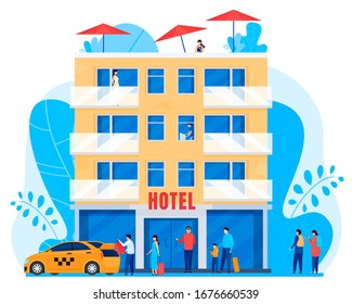 People arrive to hotel, men and women with baggage, vector illustration. Tourists at hotel building, guests and staff cartoon characters, taxi car. Hostel facade in flat style, people traveling