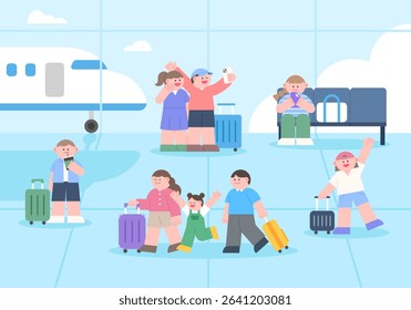 People arriving at the airport to leave for a trip.