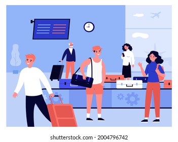 People arriving at airport taking their luggage. Flat vector illustration. Women, men, tourists waiting at luggage belt and getting their suitcases. Airport, luggage, travel, transport concept