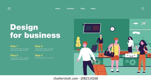People arriving at airport taking their luggage. Flat vector illustration. Women, men, tourists waiting at luggage belt and getting their suitcases. Airport, luggage, travel, transport concept
