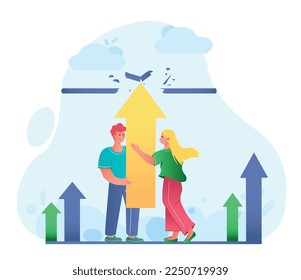 People with arrow. Man and woman break through ceiling. Metaphor for career growth and increasing company income. Graphs and charts, infographics and statistics. Cartoon flat vector illustration