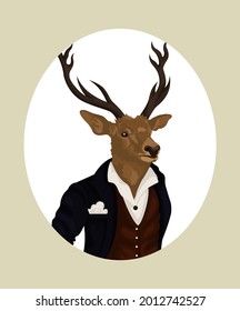 People art animal deer, character portrait animal in cloth fashion. Hipster animal