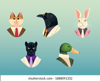 people art animals, cat crow duck panther and rabbit fashion hipster and vintage clothes vector illustration