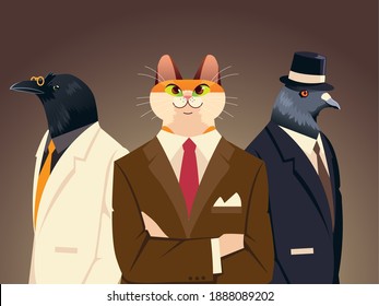 people art animals, cat dove and bird with suit tie and hat accessories vintage clothes vector illustration